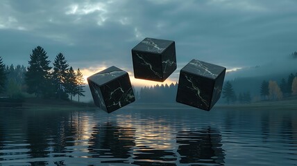 Three dark mysterious cubes float magically above a calm reflective lake at dusk with silhouetted trees and dramatic cloudy sky