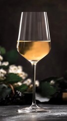 Elegantly captured, this wine glass showcases a golden hue against a dark backdrop, accented by delicate greenery, making it perfect for sophisticated dining or celebration scenes.
