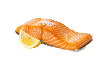 Perfectly seared golden-orange salmon fillet with crisp, luminous surface, lemon wedge, sea salt on a white plate, isolated on transparent background. Commercial food concept