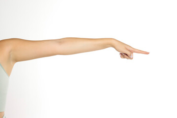 Fototapeta premium Extended female arm pointing right – anatomy, gesture, communication, direction, hand movement, human body, isolated on white background, stock image.