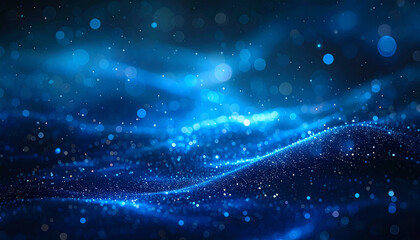 Obraz premium 暗闇に浮かぶキラキラ青いボケ粒子の幻想効果背景 – Floating Blue Bokeh Particles on Dark Background with Ethereal Effect