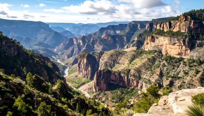 Fototapeta premium A sweeping vista of a dramatic canyon system, showcasing rugged, colorful rock formations and lush vegetation, bathed in bright sunlight.