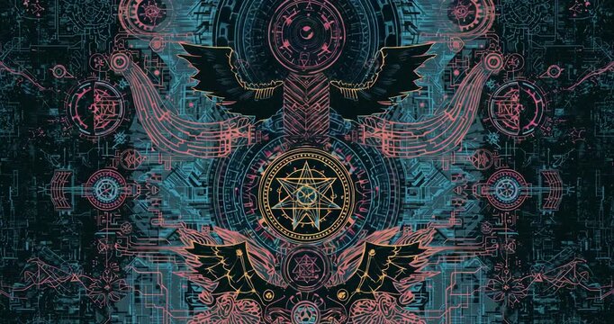 Loop start initiating ornate emblem shifting hues on panel showing central circle and circuit wings - Powered by Adobe