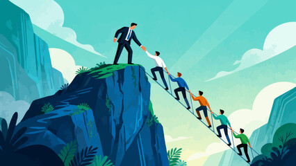 Business people climb to the top of the mountain, while leaders help teams climb over the cliff to reach their goals. The business philosophy is about leadership and teamwork