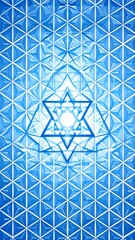 Intricate geometric design, a vibrant blue pattern, showcasing a central star shape within a repeating triangle motif.