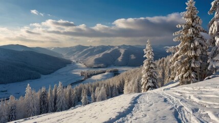 Sunlit Winter Majesty: A Breathtaking View Over a Snowy Valley and Frosted Pine Forest