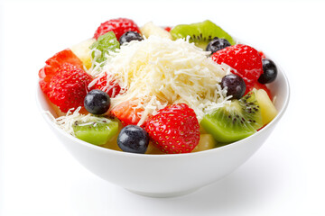 Fresh fruit salad with strawberries, kiwi, grapes, mango, and shredded coconut served in an eco-friendly paper bowl, isolated on white background.