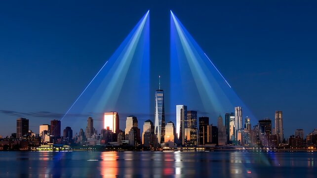 Iconic new york city skyline illuminated at night with powerful blue spotlights reaching into the dark sky above