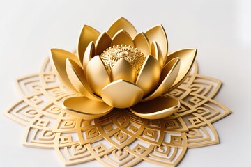 A surreal, simple 3d artwork of Golden lotus illustration with mandala-style petals, elegant art, white background