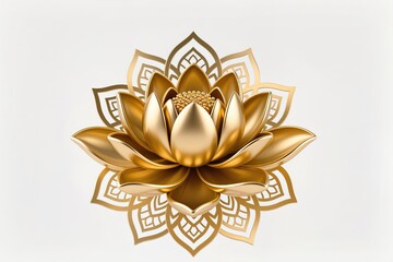 A surreal, simple 3d artwork of Golden lotus illustration with mandala-style petals, elegant art, white background