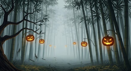 Enigmatic Halloween path winds through a misty bamboo forest, illuminated by glowing jack-o-lanterns hanging from the trees, creating an eerie yet captivating scene.