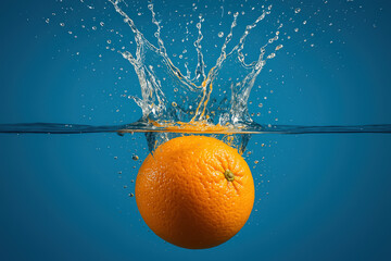 Orange fruit splashing into water with dramatic crown effect on a dark blue background.