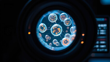 Stem cells under microscope view with glowing blue and orange structures, biological research, scientific experiment, cellular study, biotechnology innovation, medical science, genetic research
