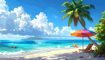 Naklejka premium A vibrant tropical beach scene, showcasing a colorful umbrella, palm tree, and serene ocean.