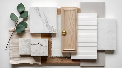 Interior design mood board showcasing natural wood marble and white tile samples with eucalyptus for a modern and elegant aesthetic