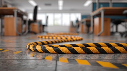 Fototapeta premium Safety Caution Tape on Office Floor with Empty Workstations in Modern Workplace Environment