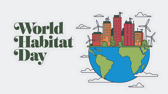 Vector art of world habitat day text with a stylized earth and cityscape, representing sustainable urban living and global housing
