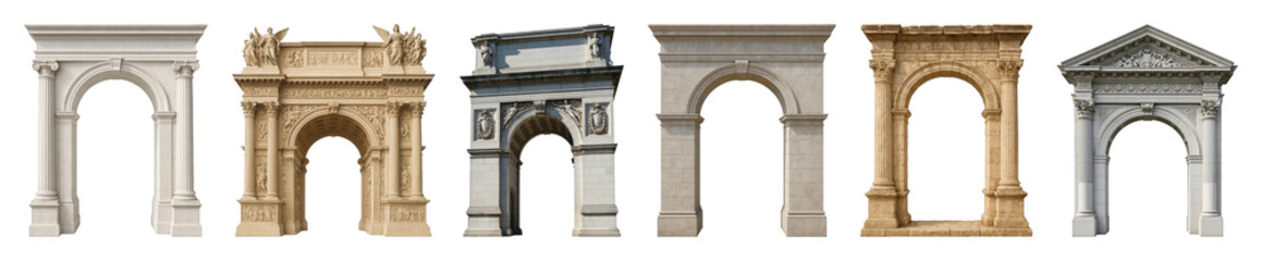 Obraz premium Architectural arch set including classical, ornate, stone, and decorative styles isolated. Historical and design elements collection.