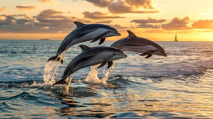 Three playful dolphins leap joyfully from the ocean waves during a vibrant golden sunset with a distant sailboat