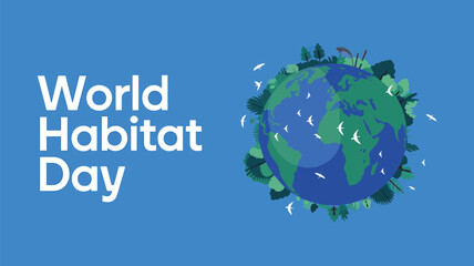 Vector art of world habitat day banner with a vibrant earth surrounded by trees and birds, emphasizing global shelter and ecological wellbeing