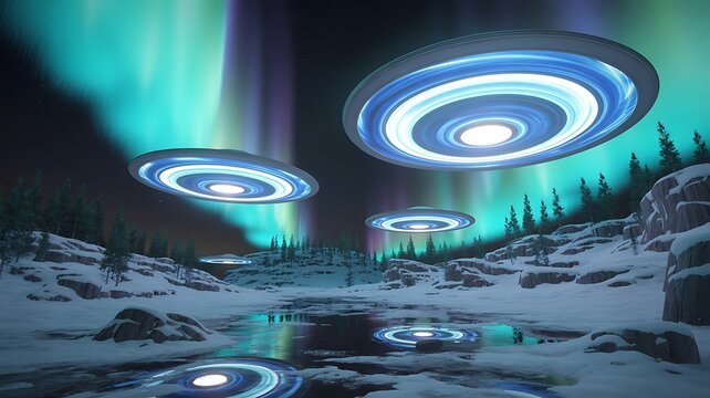 Futuristic alien spacecraft hover silently above a snow covered alien landscape illuminated by vibrant aurora borealis lights - Powered by Adobe