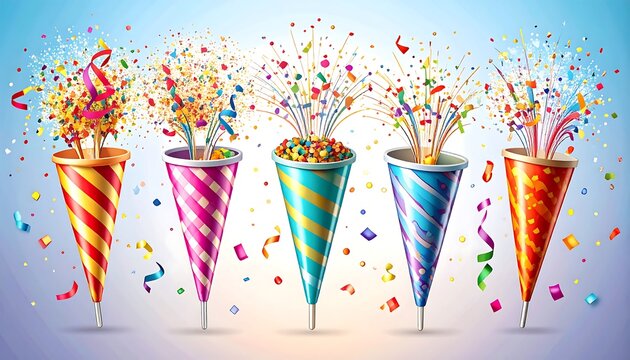 Colorful party poppers with confetti and ribbons, creating a festive and celebratory mood.