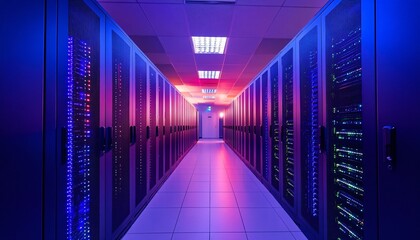 The image shows a long corridor with numerous server racks, brightly lit with blue and purple LED lights, in a data center.