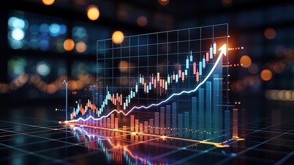Dynamic 3d financial stock market graph showing upward trend with glowing lights and bokeh background representing growth and success