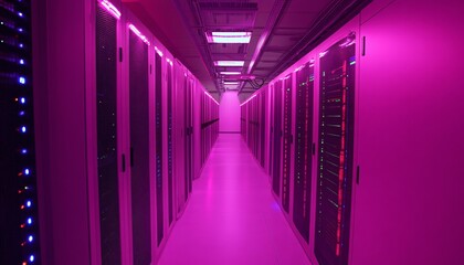 The image shows a long hallway filled with rows of dark-colored servers, brightly lit with pink LED lights and a smooth floor.