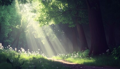 Obraz premium A digital illustration depicts a sunlit forest path edged with lush green grass and blooming white flowers, the scene bathed in a soft, magical light.