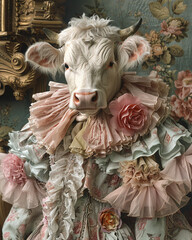 A whimsical cow dressed in ruffled pastel gown with serene look surrounded by antique backdrop