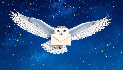 A white owl, a wizard's messenger, flies through the night sky over London, England, delivering letters.：angel with wings
