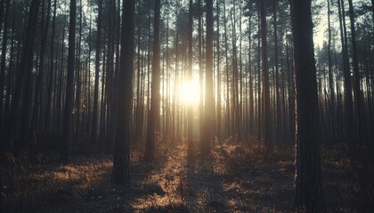Obraz premium The warm sunlight filters through the tall, slender pine trees of a dark forest, creating a striking contrast between light and shadow.