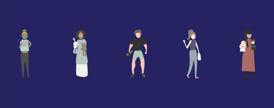Individuals with Toys, Weights, and Babies on a Blue Background