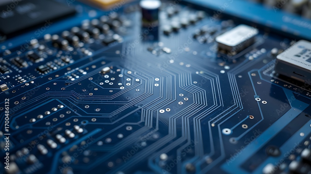 Wall mural close up macro shot of a complex blue printed circuit board with intricate pathways and electronic c