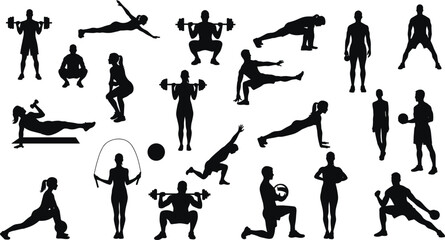Fitness workout silhouette collection of men and women, gym exercise poses, training positions, strength workout, isolated on white background