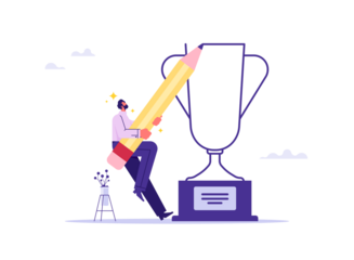 Success mindset, positive attitude to succeed, believe or confidence concept, businessman drawing trophy metaphor imagines success and victory