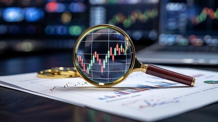 Magnifying glass examining financial stock market trading charts and graphs on paper with blurred digital screens in background