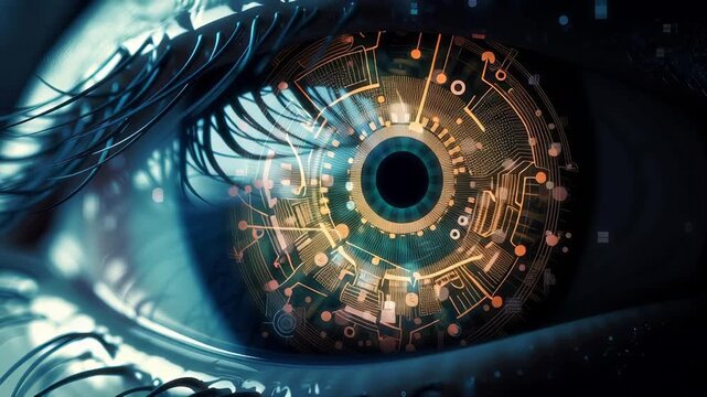 Futuristic digital eye with circuit board iris, blending organic human eyelashes with technological neural network design. Close-up macro view revealing complex interconnected technological elements.