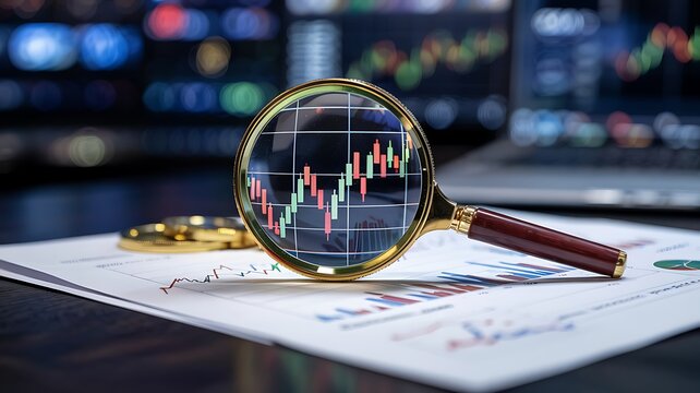 Magnifying glass examining financial stock market trading charts and graphs on paper with blurred digital screens in background