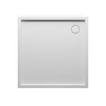 Modern white square shower tray with a circular drain isolated on transparent background