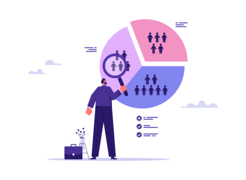 Customer segment analysis for marketing or advertising concept, target audience, consumer or user group, businessman analyzing customer segment pie chart