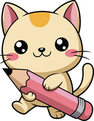 Adorable cartoon kitten holding pink pencil with smile, kawaii style cat character for education, drawing, creativity, school design flat vector illustration
