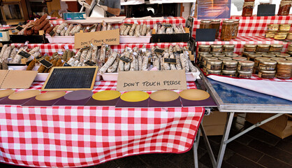 Market stall with traditional sausages and stews in Nice, Cote d'Azur, France, Côte d'Azur