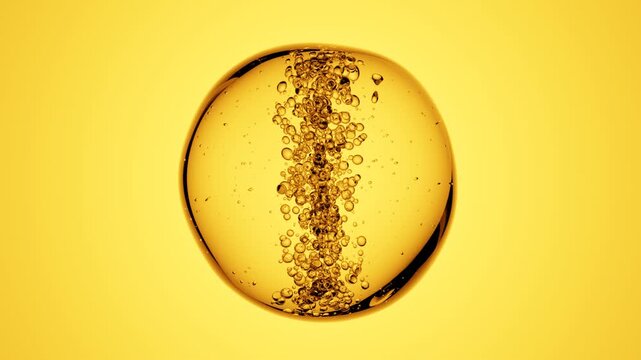 Transparent 3d sphere with vertical column of air bubbles rotating on orange surface builds surreal abstract background with futuristic conceptual minimal elegance and geometric rhythm
