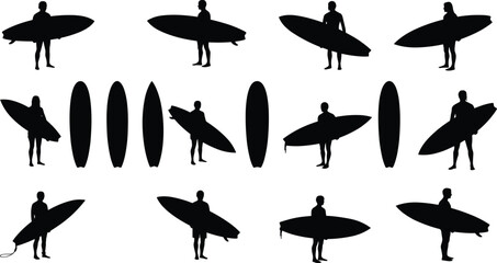 Silhouette collection of surfers with surfboards, standing and posing, surf lifestyle illustration, beach sport concept, isolated on white background