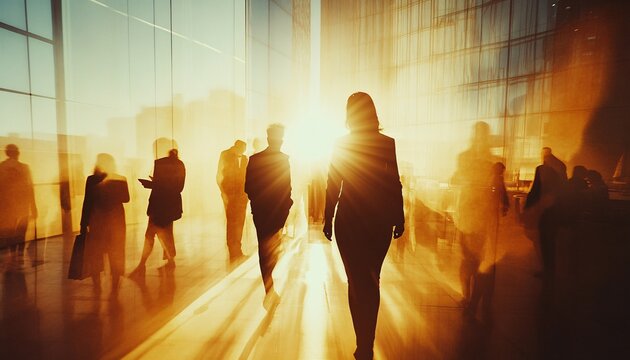 A woman leads a group of business people walking through a sunlit glass building, their silhouettes backlit by the bright light - Powered by Adobe