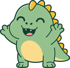 Cute cartoon dinosaur character vector, happy green dino with yellow spikes, flat design illustration for kids, children, and decor