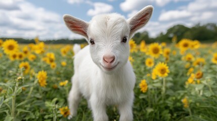 Obraz premium Playful young goat standing among vibrant sunflowers in a sunny field with a blue sky and fluffy clouds in the background showcasing nature's beauty