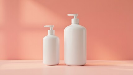 Two minimalist white pump bottles of skincare or cosmetic products stand side by side on a pink surface with soft shadows